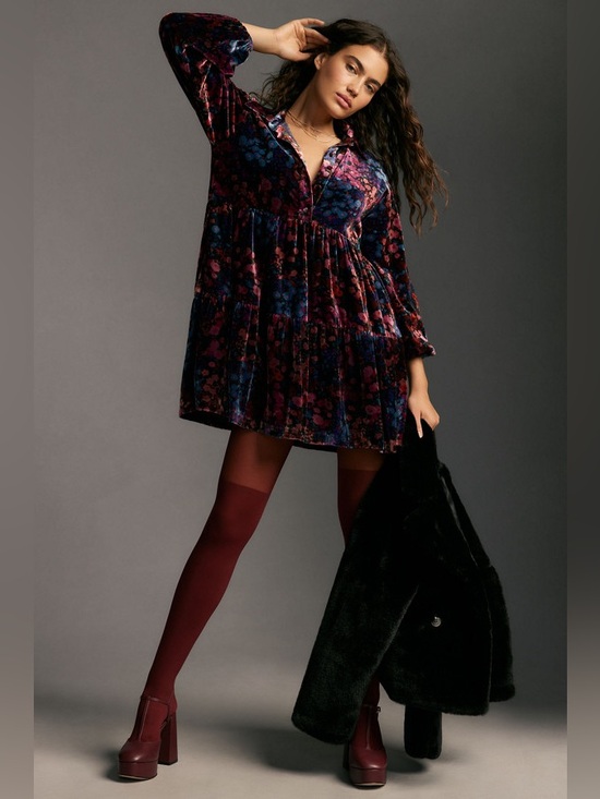 Anthropologie Dresses & Skirts - Anthropologie Maeve Velvet Floral Tiered Mini Shirt Dress Boho Cottagecore XS
